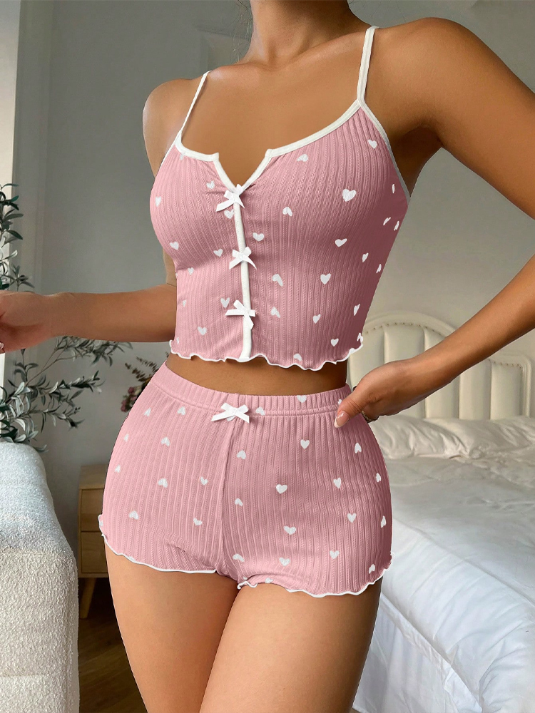 V Neck Cami Top - Women Sexy Heart Print Satin Silk