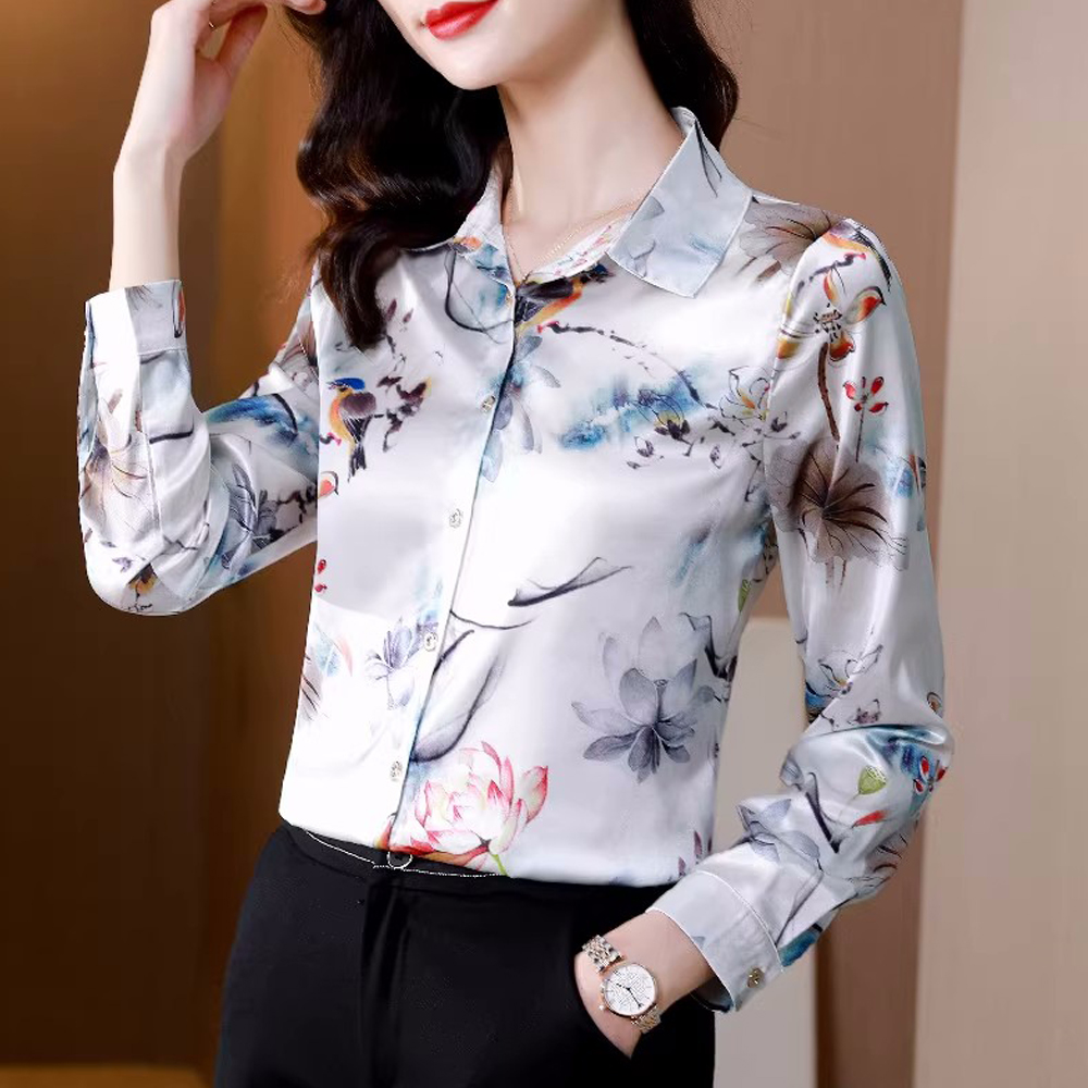Xl Women'S Fashion - Women's Printed Long Sleeve Satin Shirts