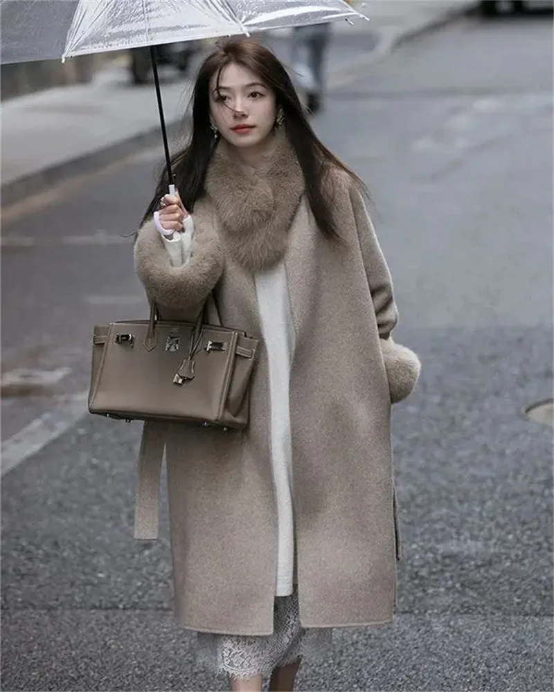 Longline Cardigan Knit - Women Fox Fur V Neck Long