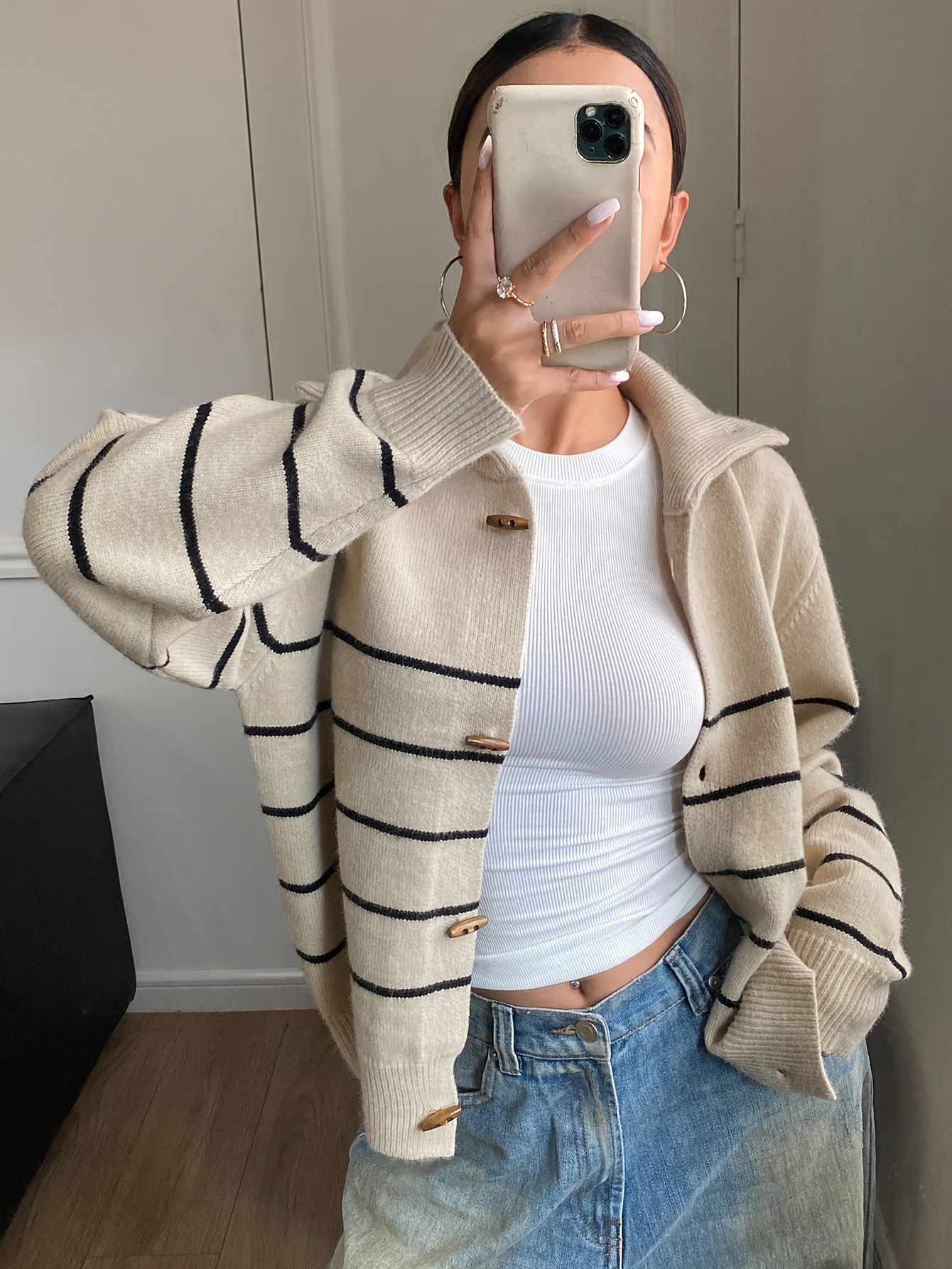 Women'S Fashion Knitwear - Plus Size Women Striped Cardigan Horn