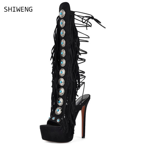 Women'S Fashion Boots - Sexy Open Toe Ladies Tassel Gem