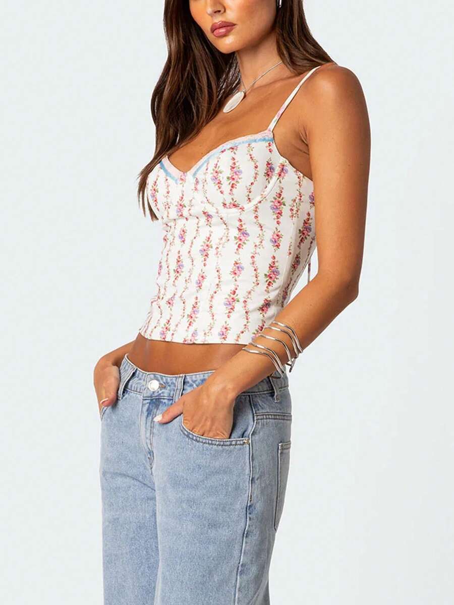 Women Floral Print Tie Strap V – V Neck Cami Top Bewertung und Preis