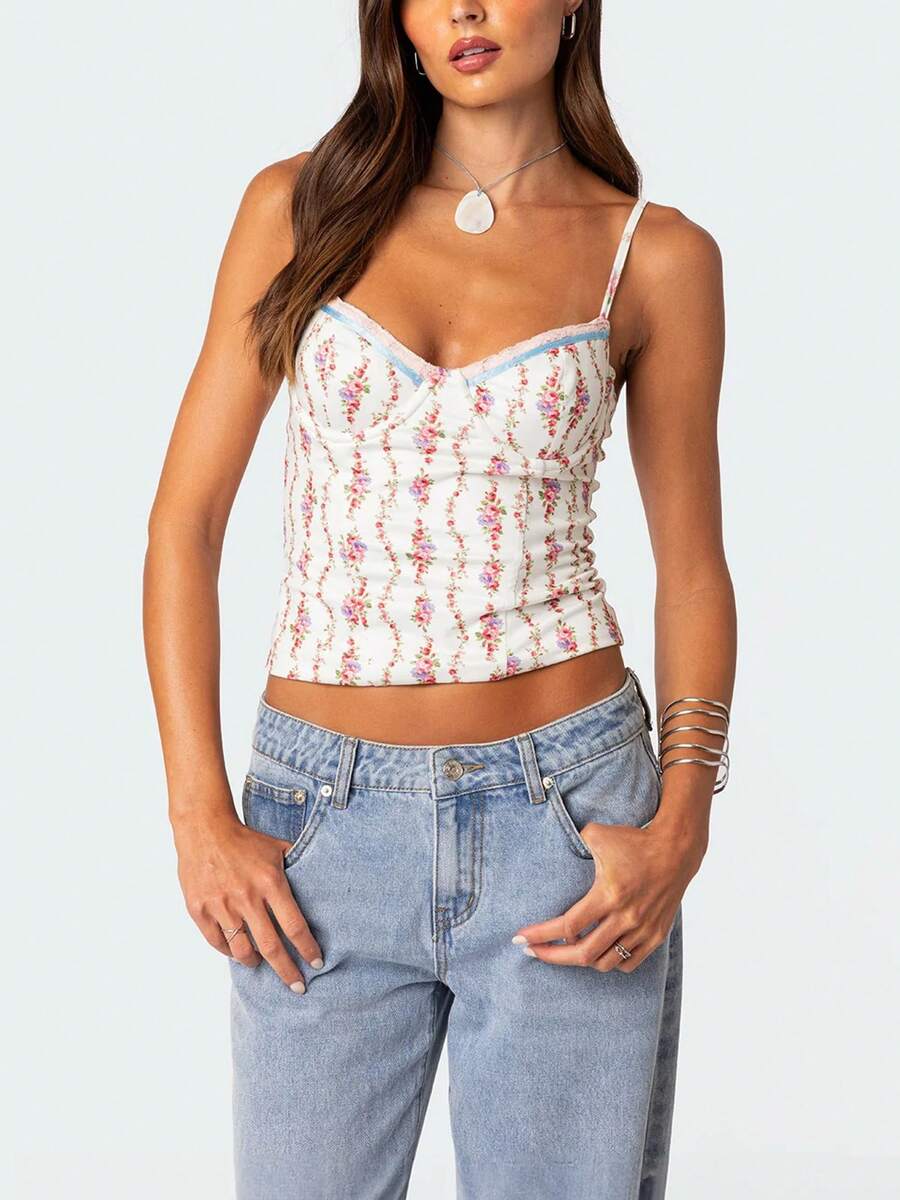 Women Floral Print Tie Strap V – V Neck Cami Top Bewertung und Preis